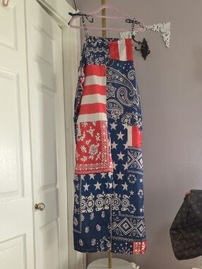 Women's Red, White & Blue Americana Patchwork Boho 4th Of July Romper Overalls